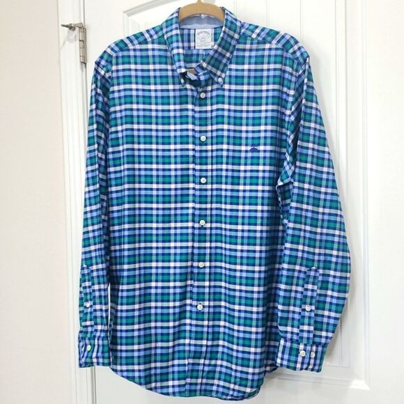 Brooks Brothers Regent 100% Cotton blue/green plaid button down shirt size large - Picture 1 of 6